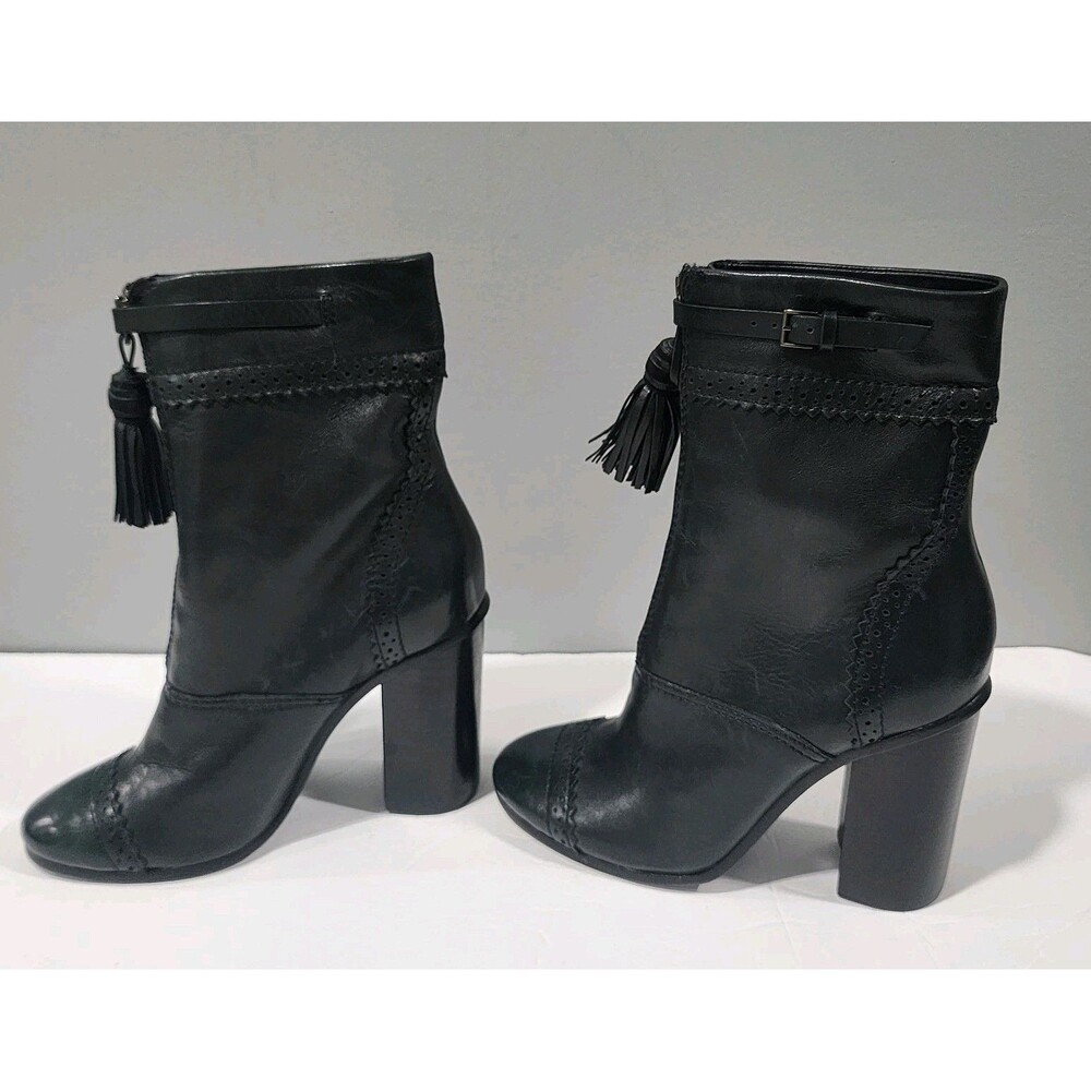 Tory Burch Boots Booties Heeled Ankle Huxley Tassel Black Leather Women's  5.5M